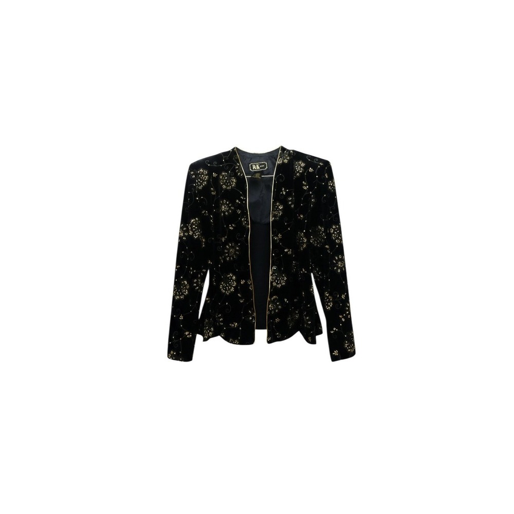 R&K Evening Blazer Womens 8 Black Gold Velvet Floral Embroidered Open 4205-7